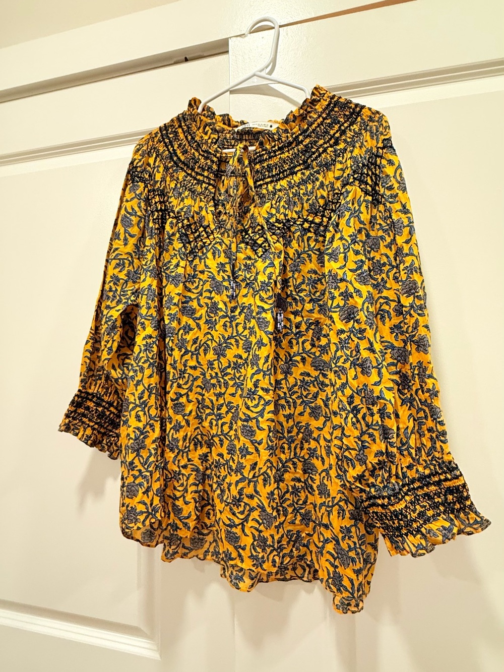 ZARA Mustard Yellow Floral Smocked Embroidered Peasant Blouse Top🤩 - Picture 4 of 9